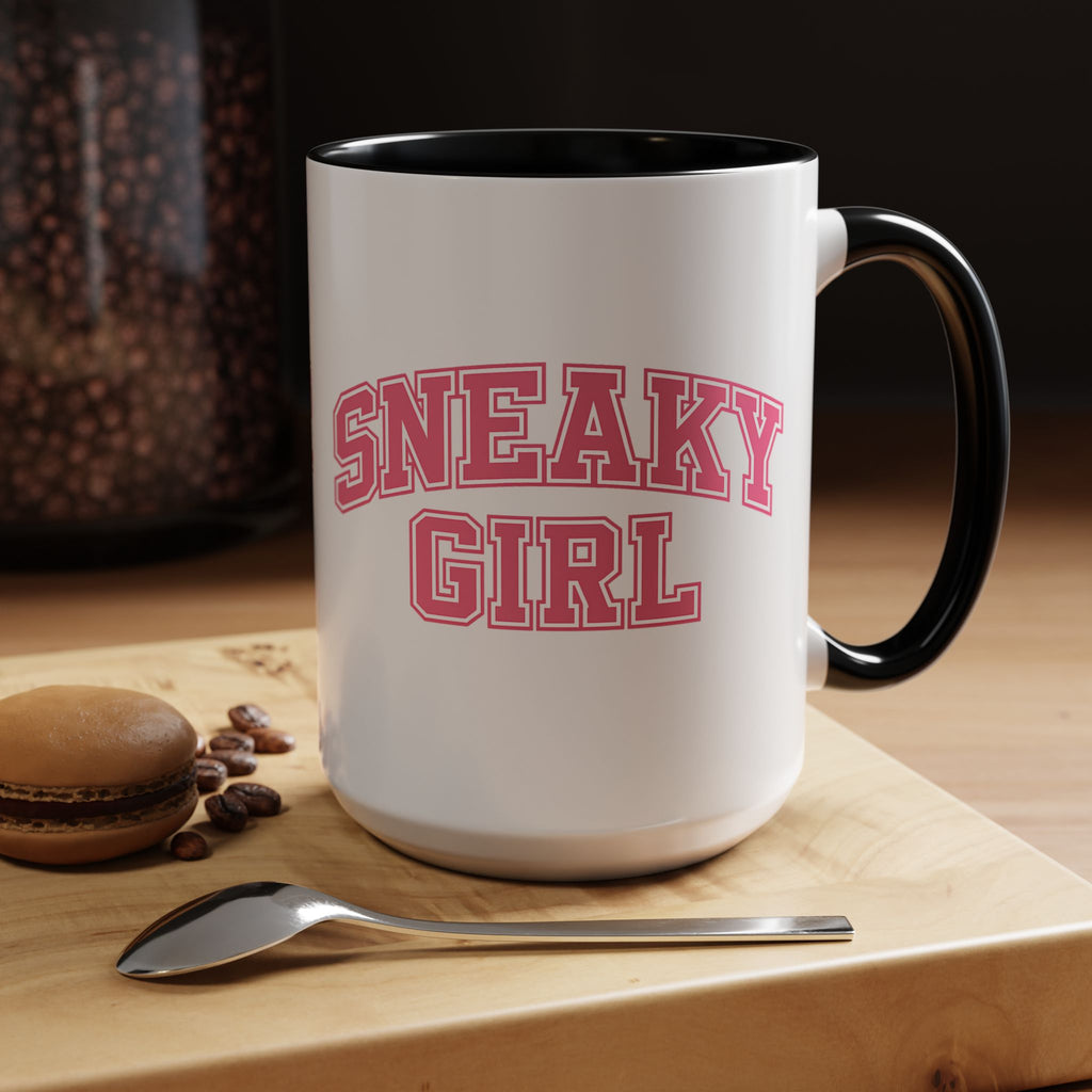 Sneaky Girl Accent Coffee Mug — Pink Varsity Text 11/15oz
