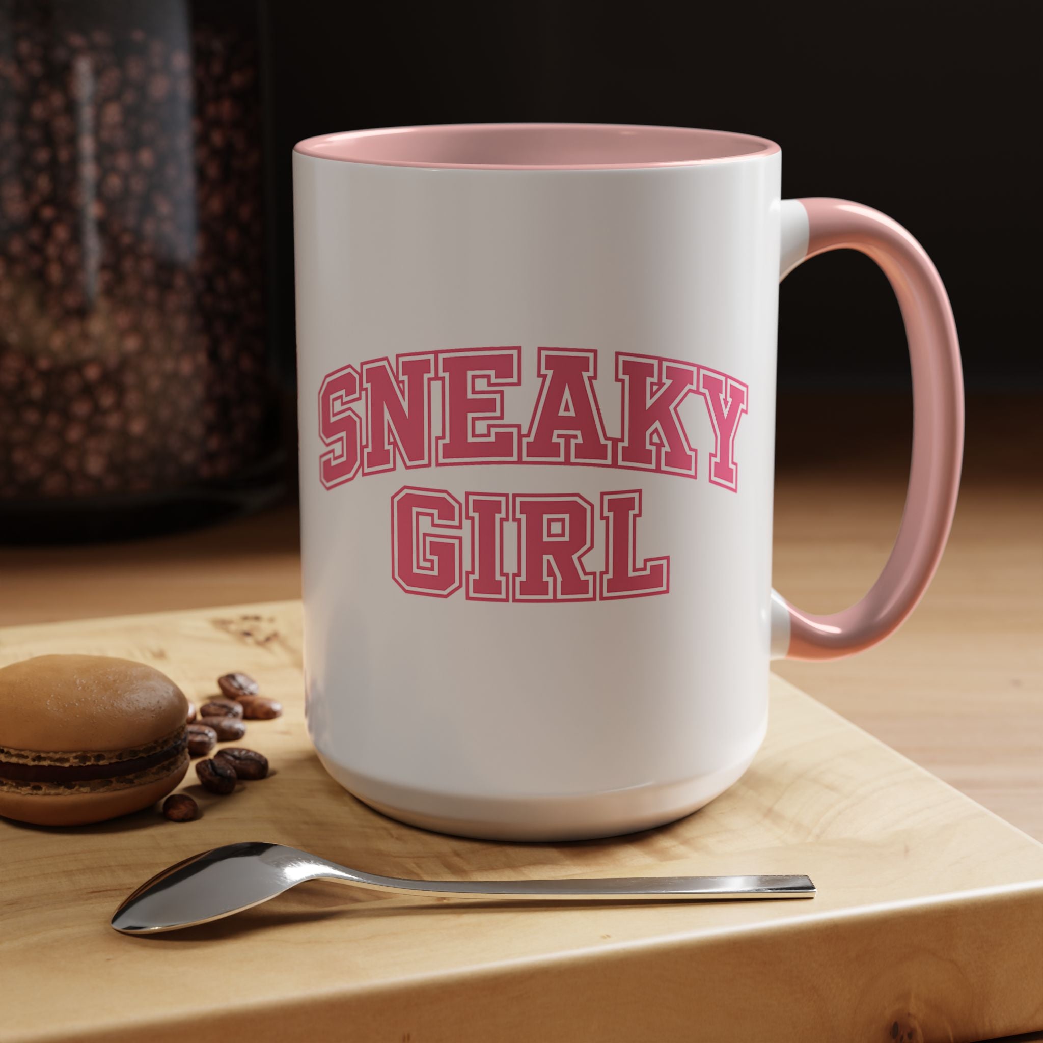 Sneaky Girl Accent Coffee Mug — Pink Varsity Text 11/15oz