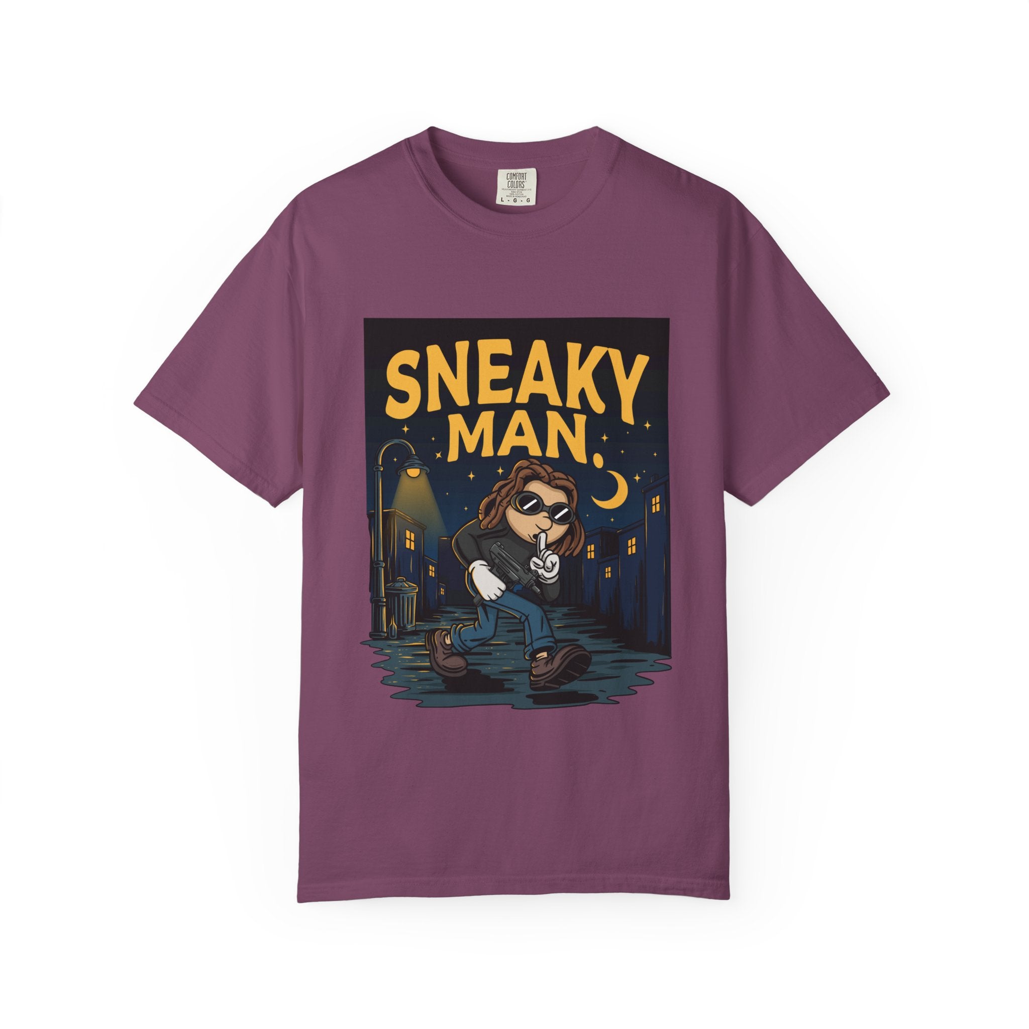 Sneaky Man Graphic T-Shirt — Vintage Nighttime Cartoon Tee