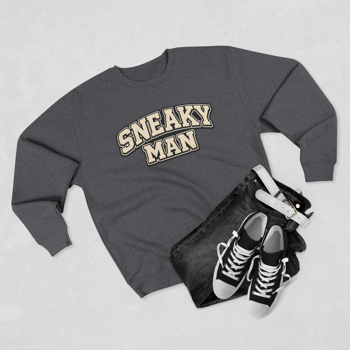 Sneaky Man Crewneck Sweatshirt — Retro Collegiate Graphic Pullover