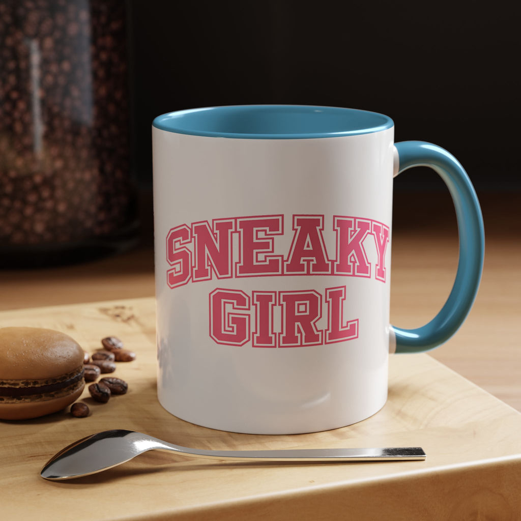 Sneaky Girl Accent Coffee Mug — Pink Varsity Text 11/15oz